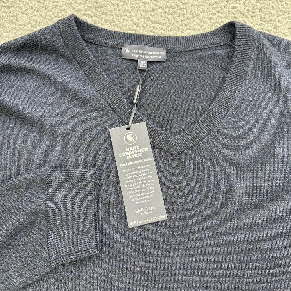 Hart Schaffner Marx V-neck Sweater Mens 3XB XXXL Big Black L/S Merino Wool